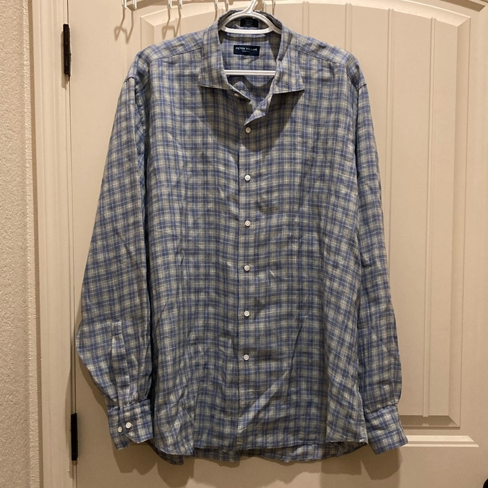 Peter Millar Collection Plaid Linen Shirt Mens Size XL  Button Down Long Sleeves